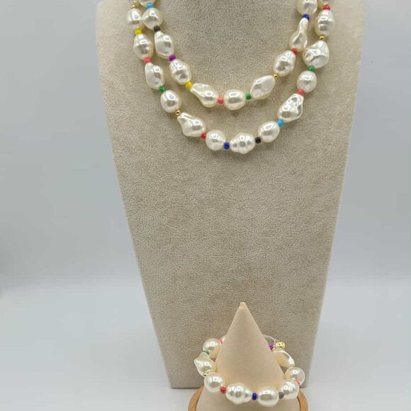 J Crew Set of Large Baroque Faux Pearl Double Strand Necklace Bracelet NWT@ - Picture 11 of 11